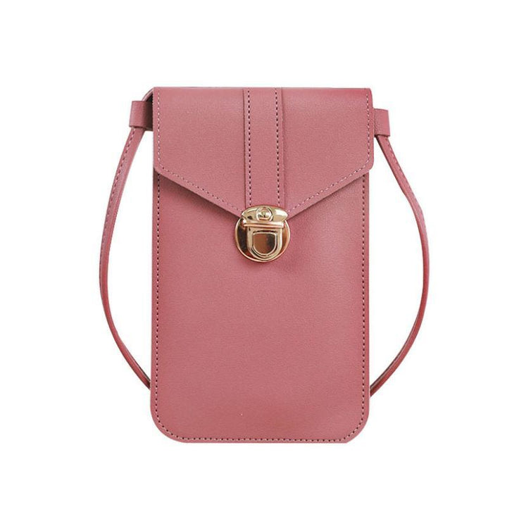 Detail of touchscreen window on women's crossbody phone bag, secure &amp; clear access to your device