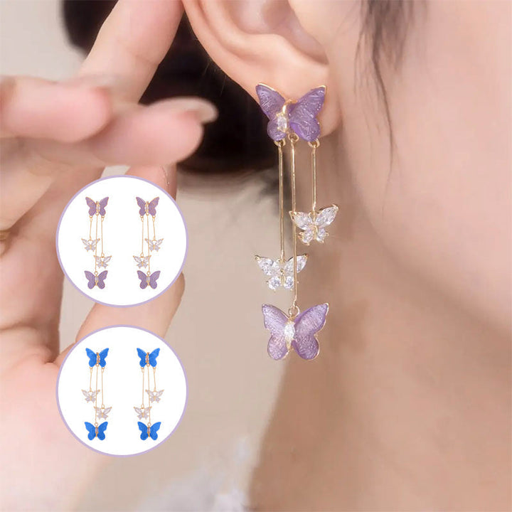 Women's crystal butterfly tassel dangle earrings, clear stones, long silver chains, elegant