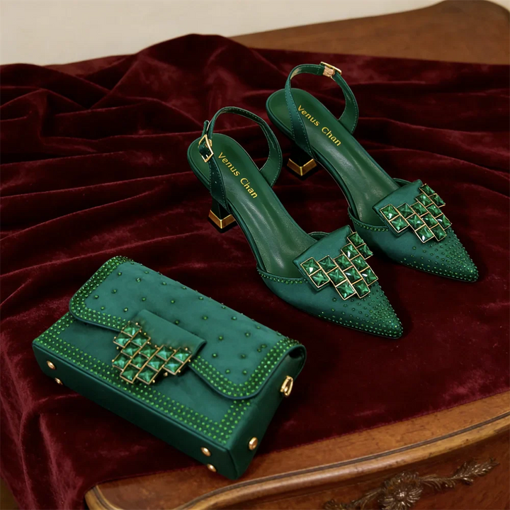 Formal women's crystal embellished pointed toe pumps and clutch set. Ideal for weddings, galas, and parties.