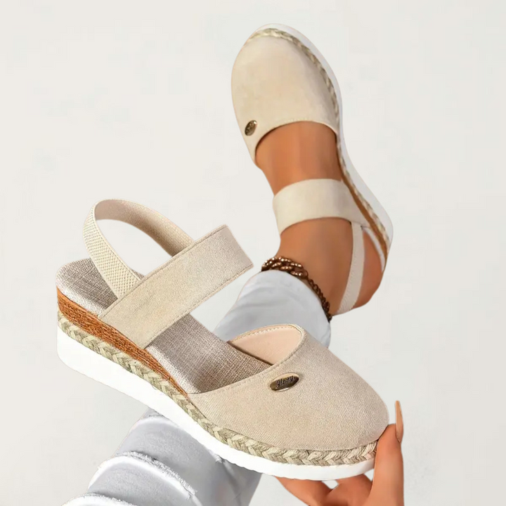 Women's cushioned orthopedic sandals, beige, offering pain relief & arch support for comfortable walking.