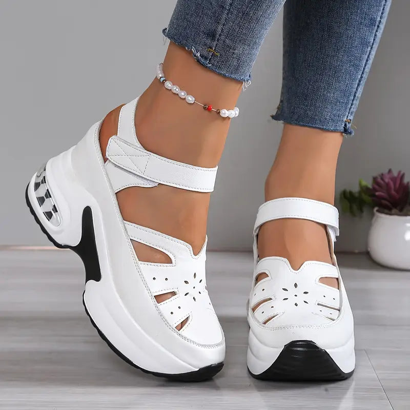 Stylish women's platform wedge sandals with breathable cutouts & adjustable straps for summer.