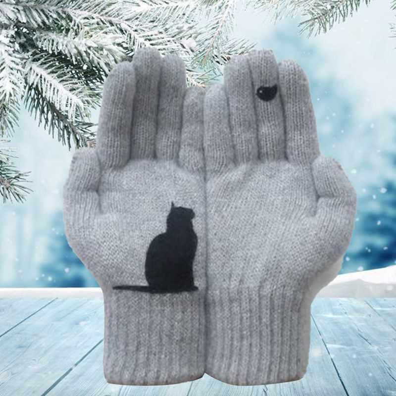 Close-up of a women's cotton winter glove featuring a charming cat pattern.