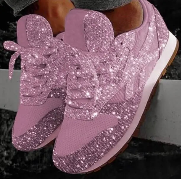 Women's dazzling glitter lace-up sneakers, sparkling & chic, perfect for fashion-forward casual wear.