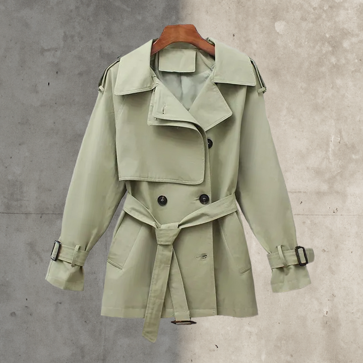 Women's double-breasted trench coat with belt. Classic long outerwear jacket for fall & spring elegant workwear.