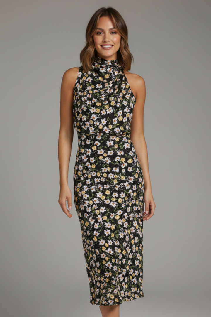 Side view of a sophisticated high neck sleeveless maxi dress, perfect for formal occasions.