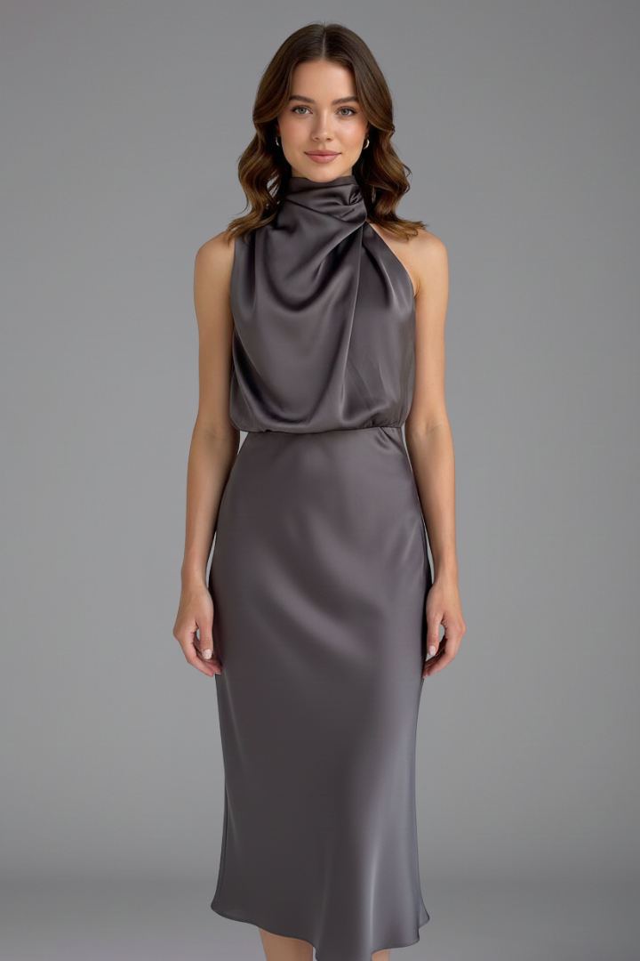 Versatile high neck sleeveless maxi dress, suitable for formal parties & special events.