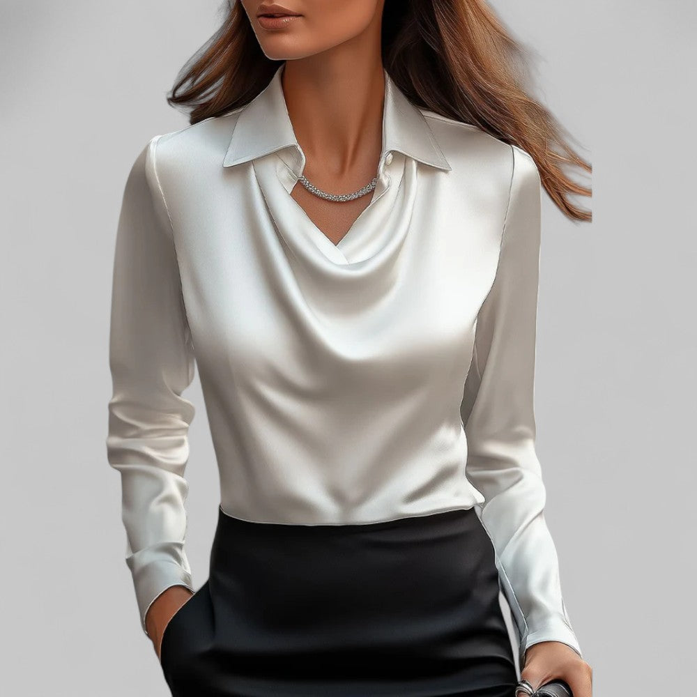 Women's draped neck long sleeve satin blouse, elegant formal wear, silk feel top, versatile fashion