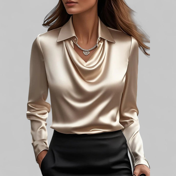 High-quality women's long sleeve satin blouse, draped neck design, offering a luxurious silk feel