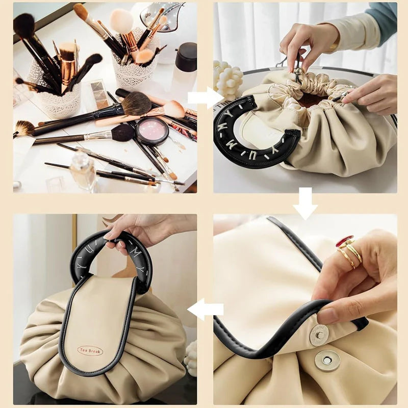 Drawstring makeup bag for women, cinched closed, ready for travel, side view