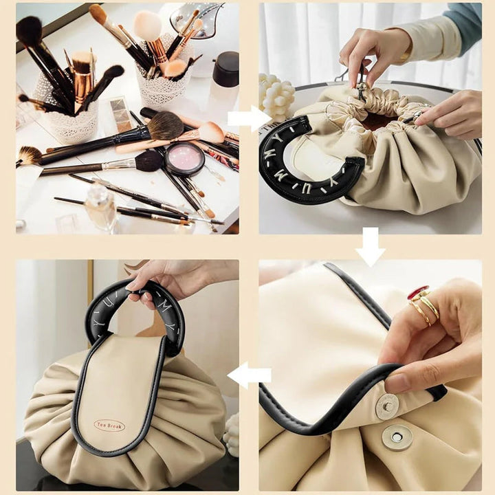 Drawstring makeup bag for women, cinched closed, ready for travel, side view
