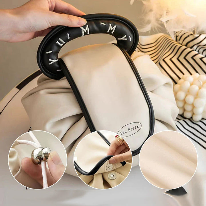 Portable women's drawstring travel pouch with makeup, easy to carry design