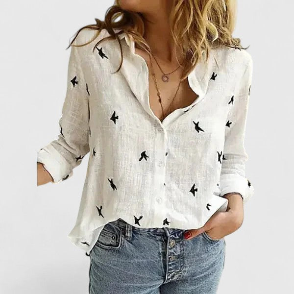 Everyday women's button-down blouse, long sleeves, comfortable relaxed fit & lapel collar.