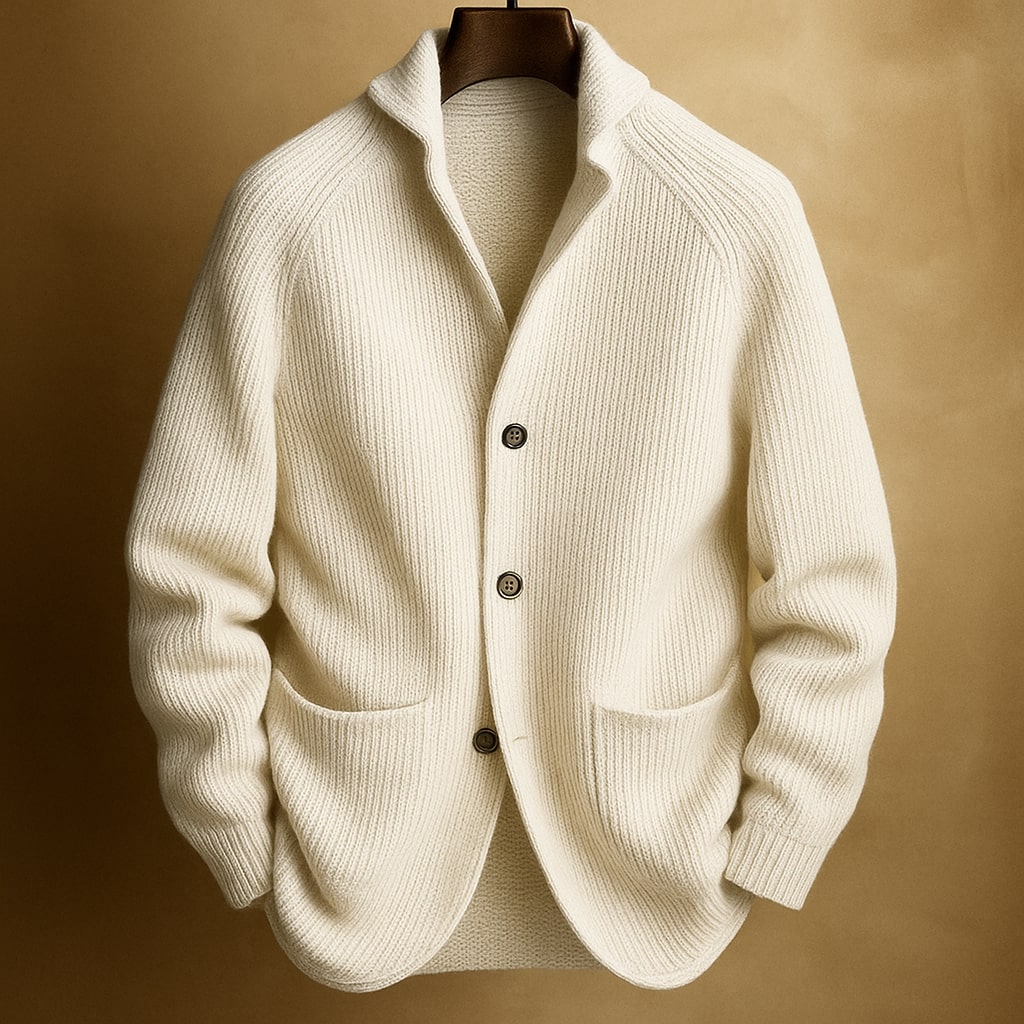 Close-up of a women's elegant collared button-front knit sweater, perfect for casual chic layering.