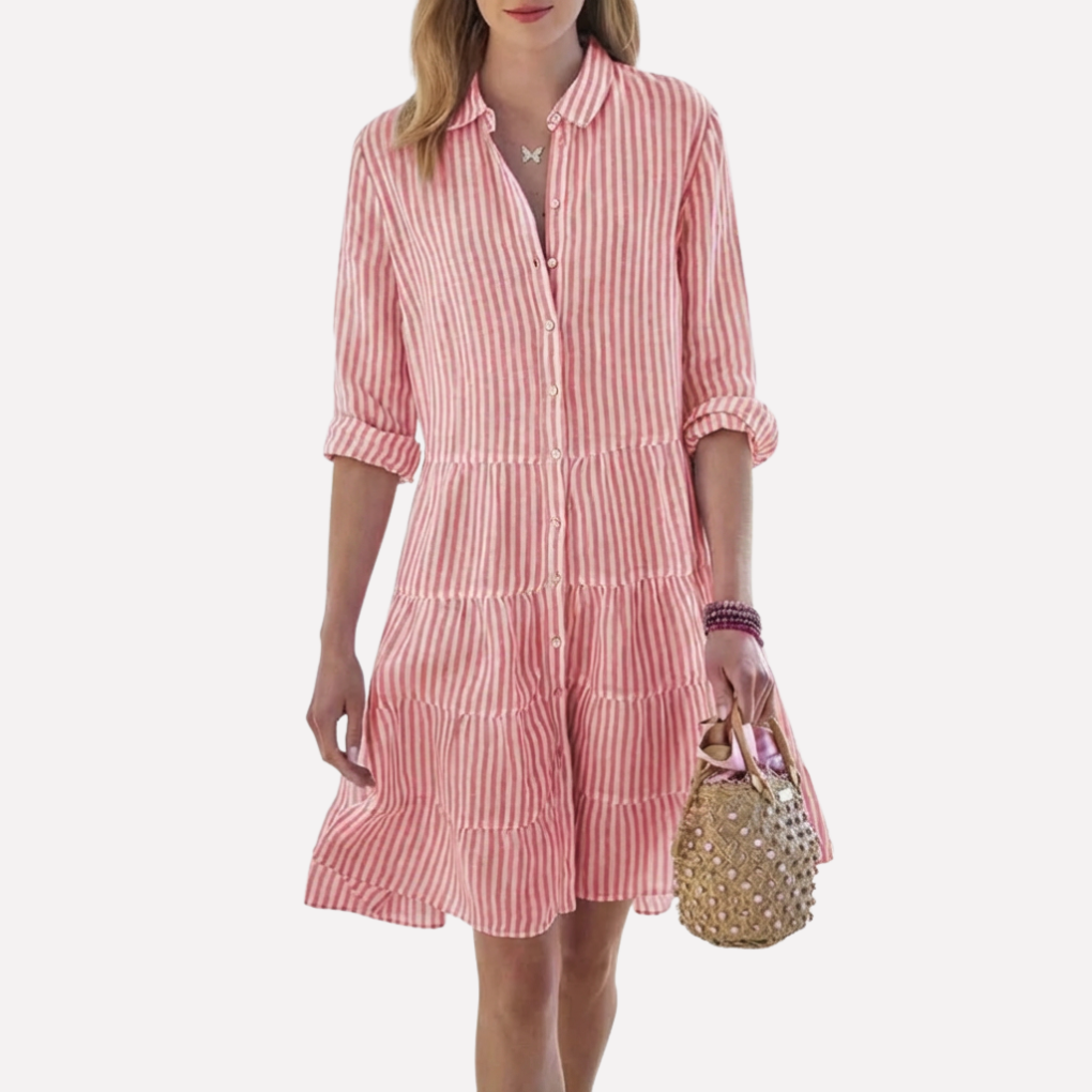 Versatile effortless flowy summer midi dress, a comfortable women's casual, beach, or vacation option.