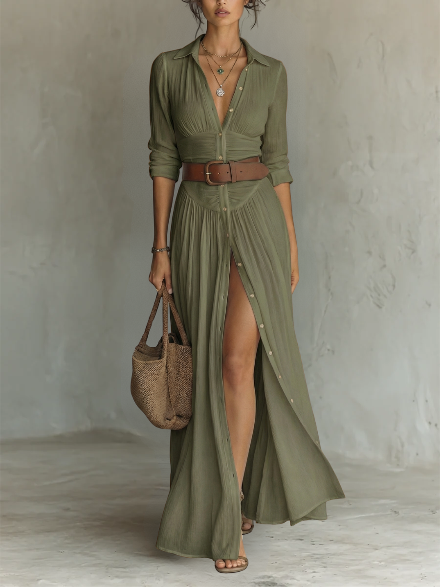 Women's effortless green collared maxi dress with long sleeves, button front, and bohemian side slit.