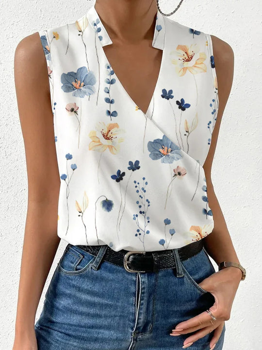 Stylish printed V-neck blouse for women, a lightweight sleeveless top, perfect for an effortless summer look.