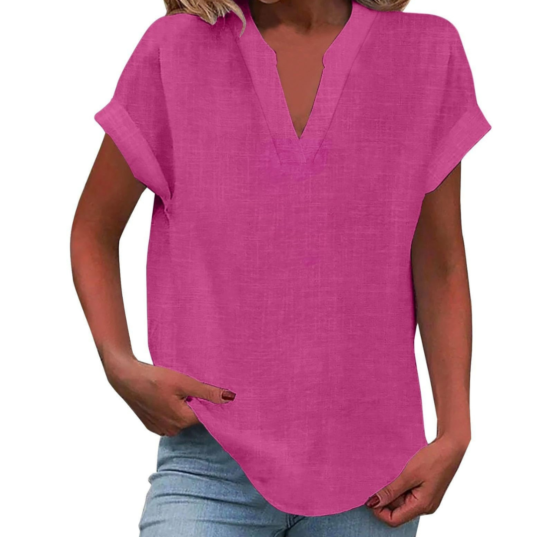 Comfortable V-neck tunic blouse, loose fit and lightweight for summer casual wear.