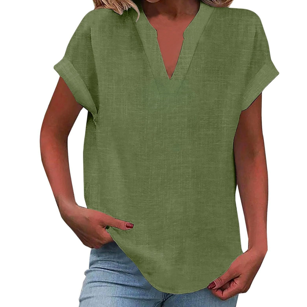 Effortless V-neck summer blouse, a loose fit and lightweight top for women's casual style.