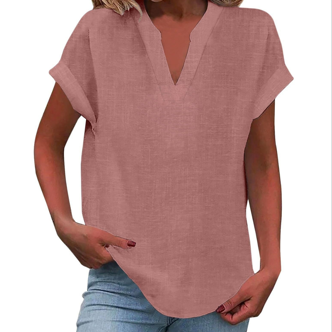 Lightweight, comfortable V-neck short sleeve blouse, perfect for summer everyday style.