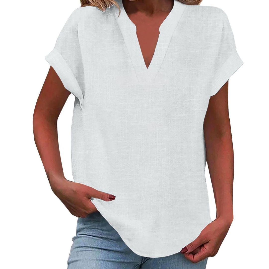 Women's V-neck loose fit blouse, a lightweight short sleeve summer top.