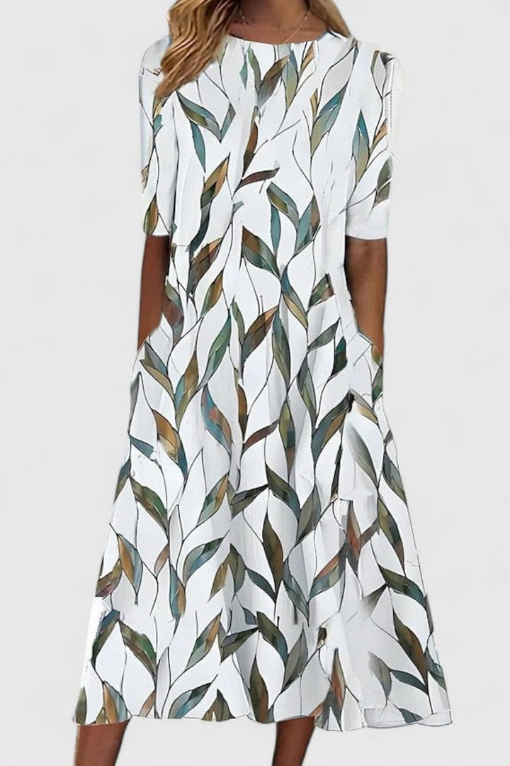 Flattering A-line short-sleeve midi dress, elegant women's fashion for cocktail and occasion wear.