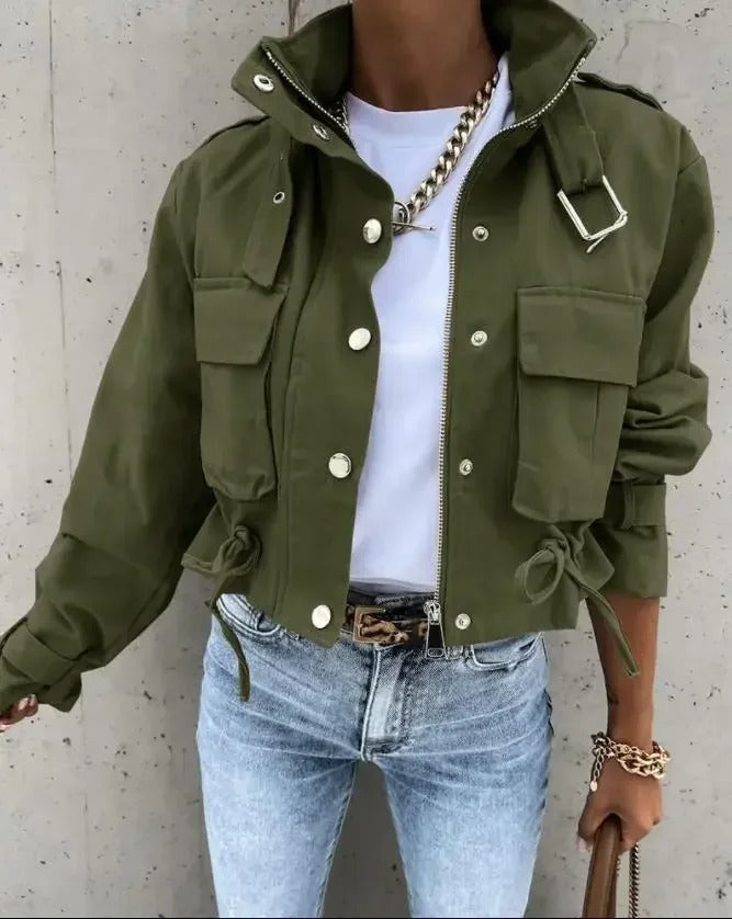Stylish women's green cropped summer jacket, a light and versatile modern outerwear for spring fashion & casual chic.