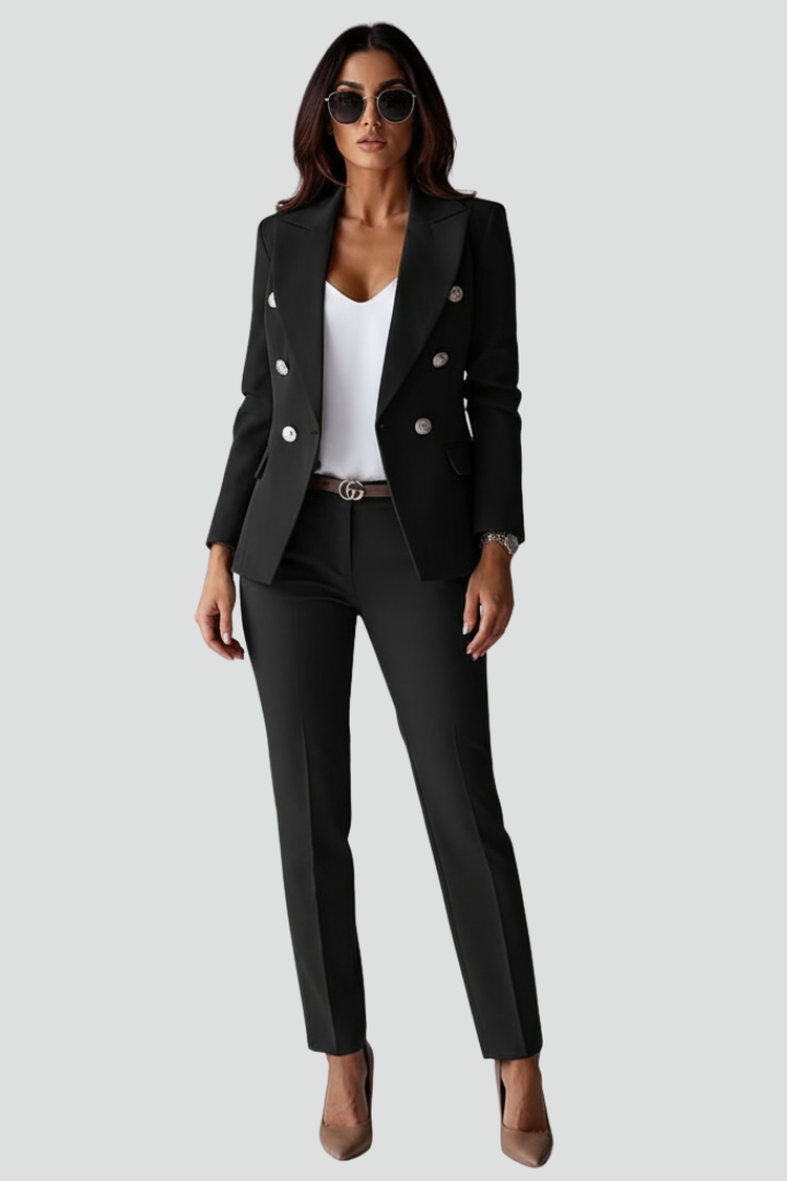 Chic women's double-breasted blazer & straight trousers suit set. Ideal for professional fashion, formal & office wear.