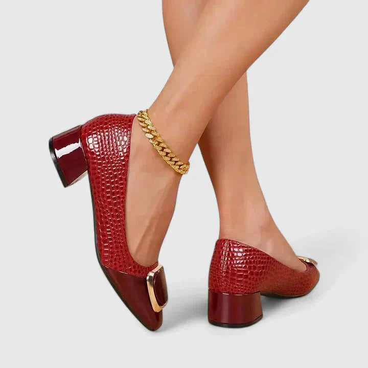 Chic women's square toe block heel loafers, comfortable and versatile for work, featuring a stylish gold buckle detail.