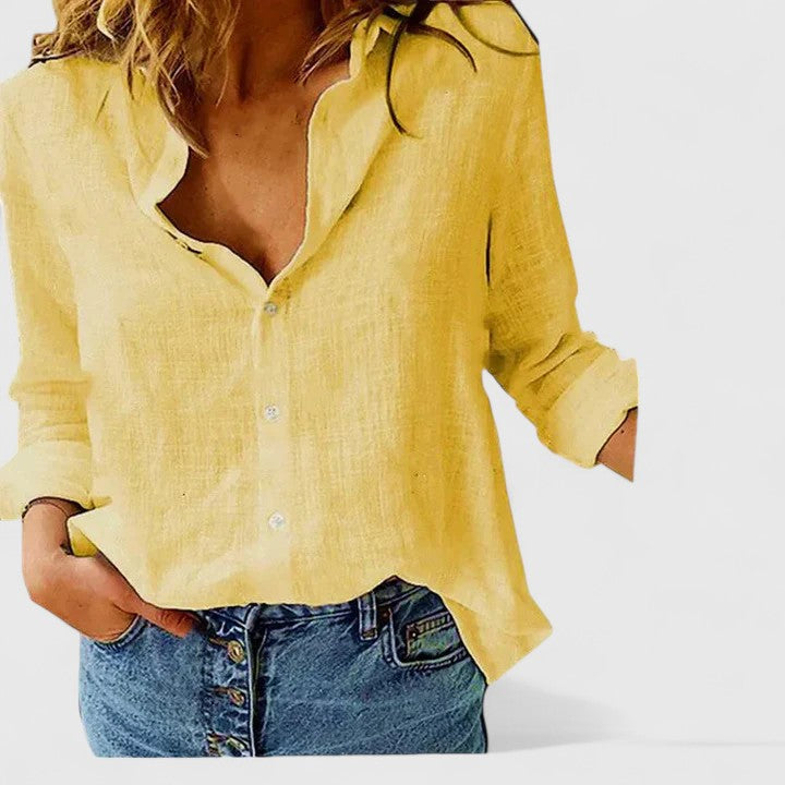 Comfortable women's cotton linen shirt, elegant button-down blouse, relaxed fit, perfect for everyday fashion.