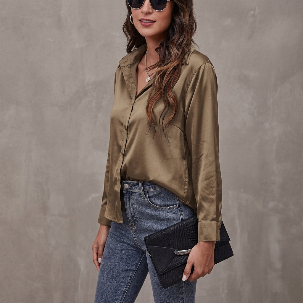 Women's elegant button-front blouse, relaxed fit, long sleeve, perfect for versatile style, casual or professional.