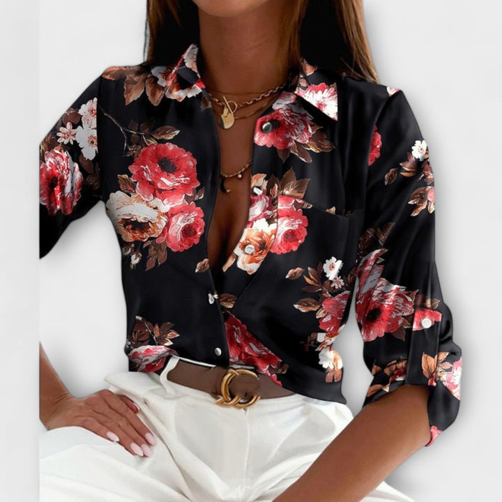 Full shot of a women's elegant classic collar blouse, versatile long sleeve top for fashion.