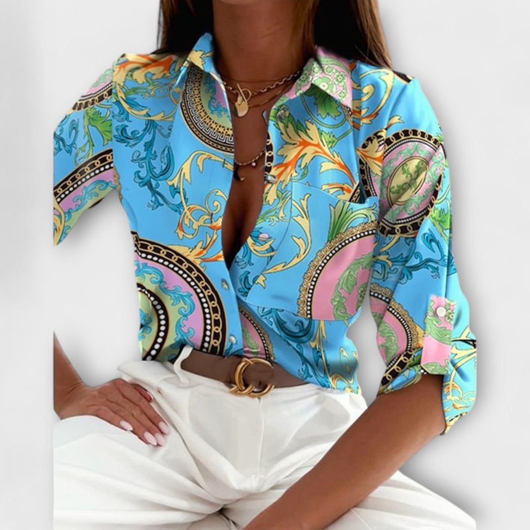 Front view of women's sophisticated classic collar blouse, elegant long sleeve top for versatile styling.