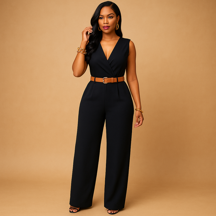 Glamorous women's V-neck jumpsuit for evening parties. Chic formal wear for special occasions.