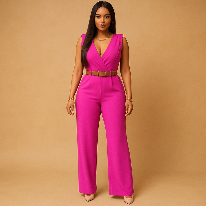 Elegant women's jumpsuit with a deep V-neck, ideal for sophisticated evening & cocktail events.