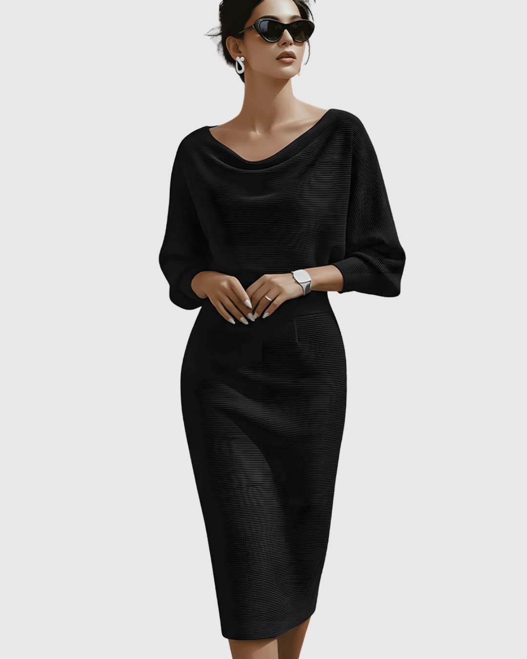 Black women's sophisticated draped midi dress, featuring flattering batwing sleeves & a chic cowl neck.