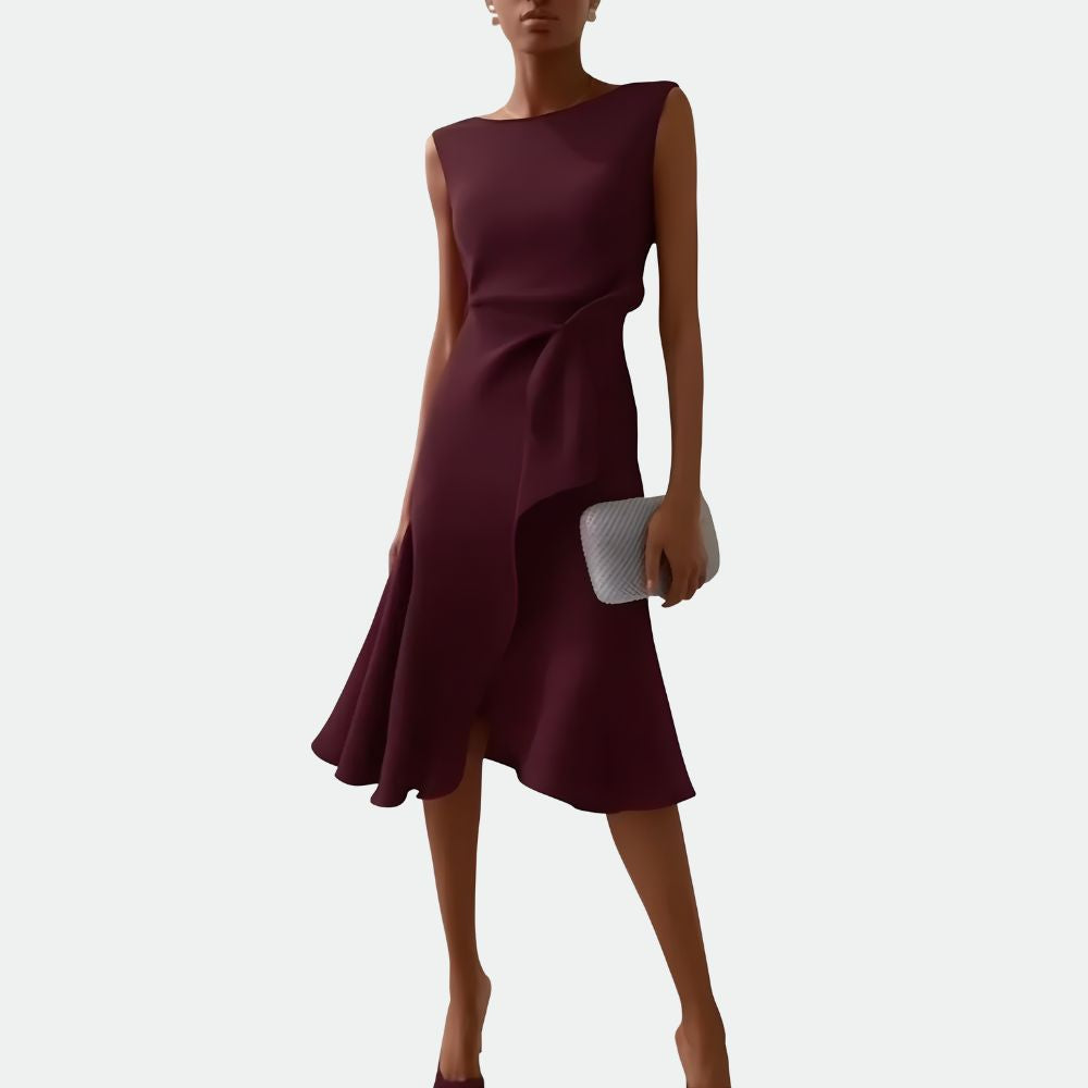 Versatile women's midi dress. Draped fabric, asymmetric ruffles, and tailored fit for elegant cocktail or formal events.