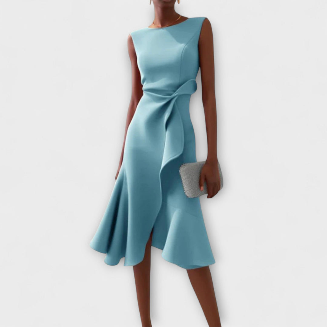 Formal women's draped midi dress with a chic asymmetric ruffle hem. Tailored fit for a sophisticated look.