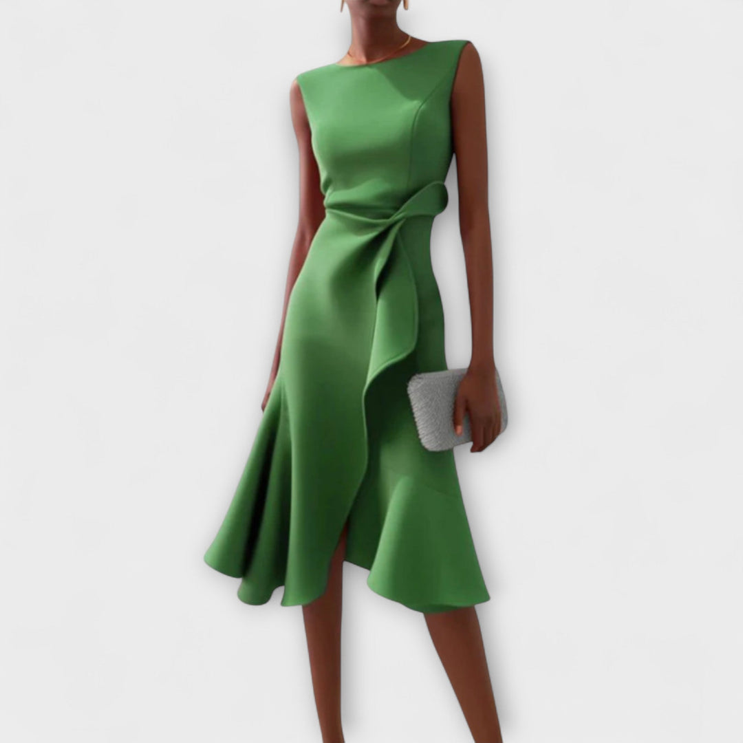 Sleeveless women's formal midi dress. Draped design, asymmetric ruffles, and tailored fit for an elegant silhouette.