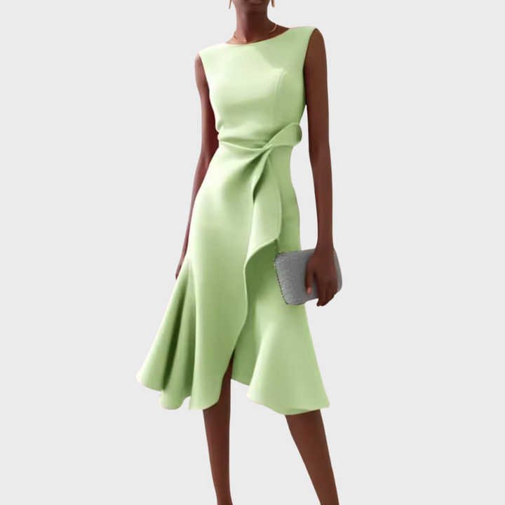 Flowing women's draped midi dress with asymmetric ruffles and a tailored fit. Ideal for sophisticated occasion wear.