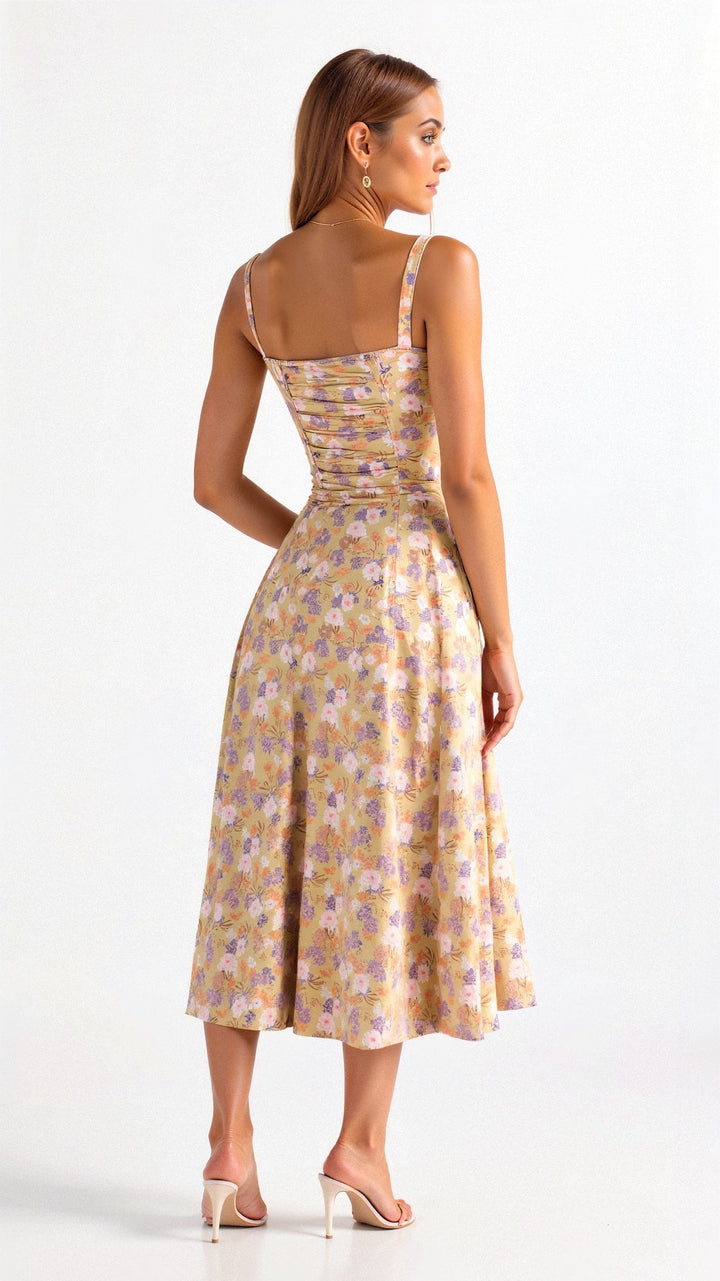 Sleeveless floral midi dress for women, featuring a stylish corset top and a daring leg slit.