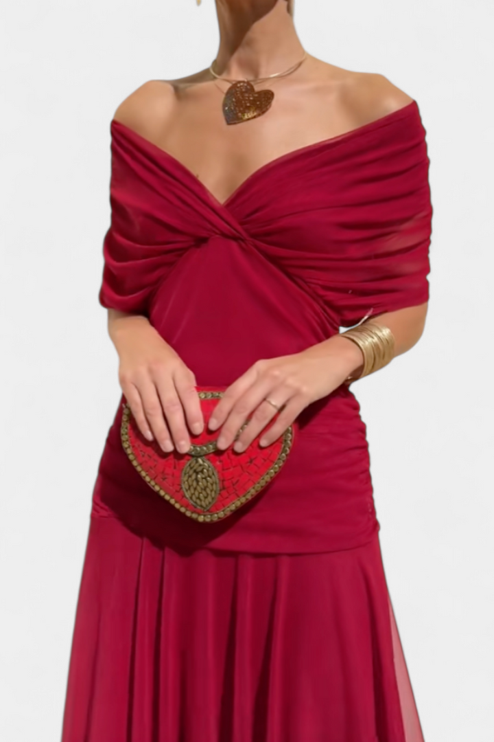 Gorgeous women's floral off-shoulder maxi dress, long sleeves, ideal for an evening gown.