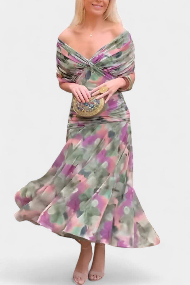 Stylish women's floral long sleeve off-shoulder maxi dress, an elegant formal wear option.