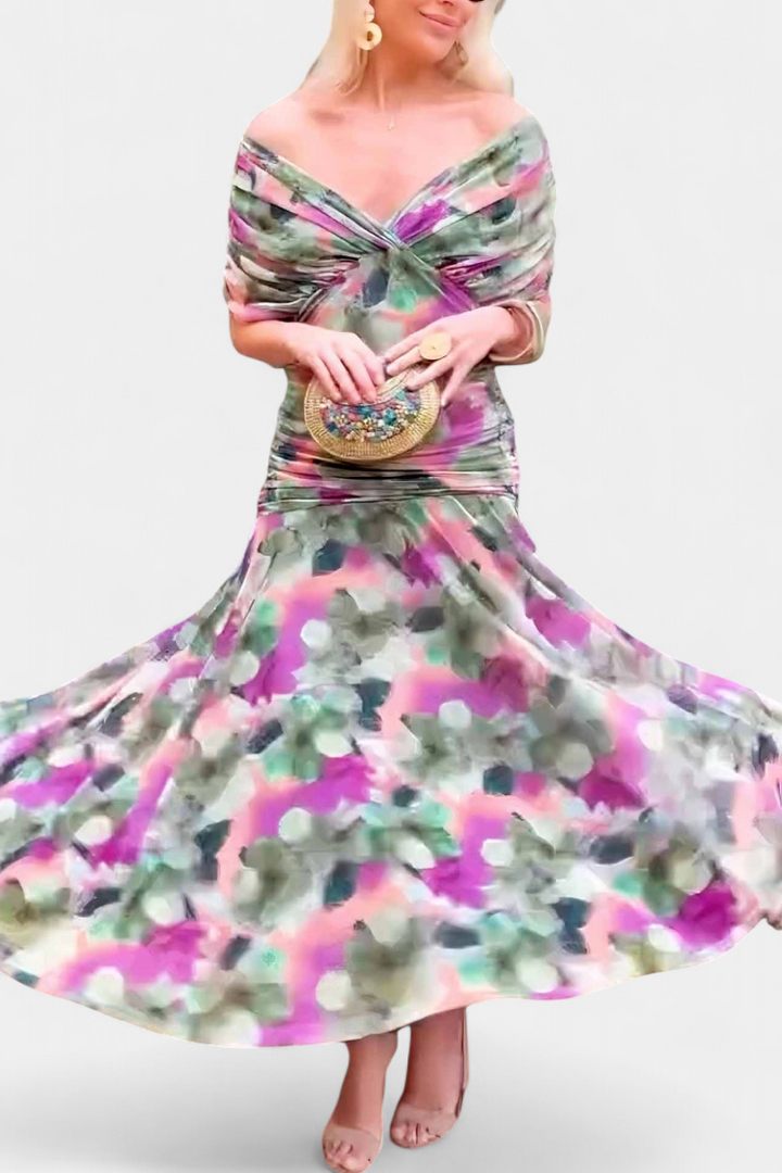 Stunning floral off-shoulder long sleeve maxi dress, an ideal evening gown for ceremonies.