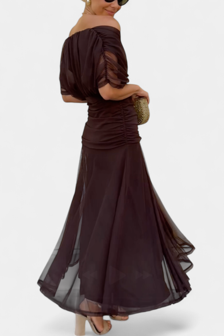 Vibrant floral off-shoulder long sleeve maxi dress for women, a sophisticated evening gown.