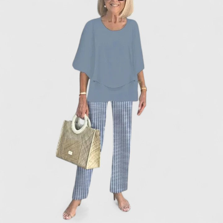 Chic floral print wide leg trousers and coordinating top set for women's summer fashion.