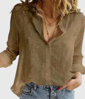 Casual yet elegant women's floral V-neck long sleeve blouse, ideal for warm weather versatility.
