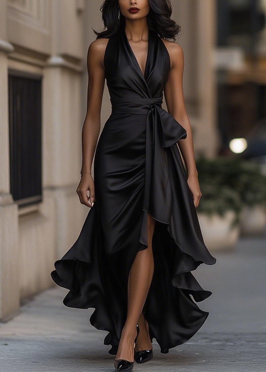 Luxurious women's blacktie gown, featuring an elegant halter neck and asymmetric ruffle.