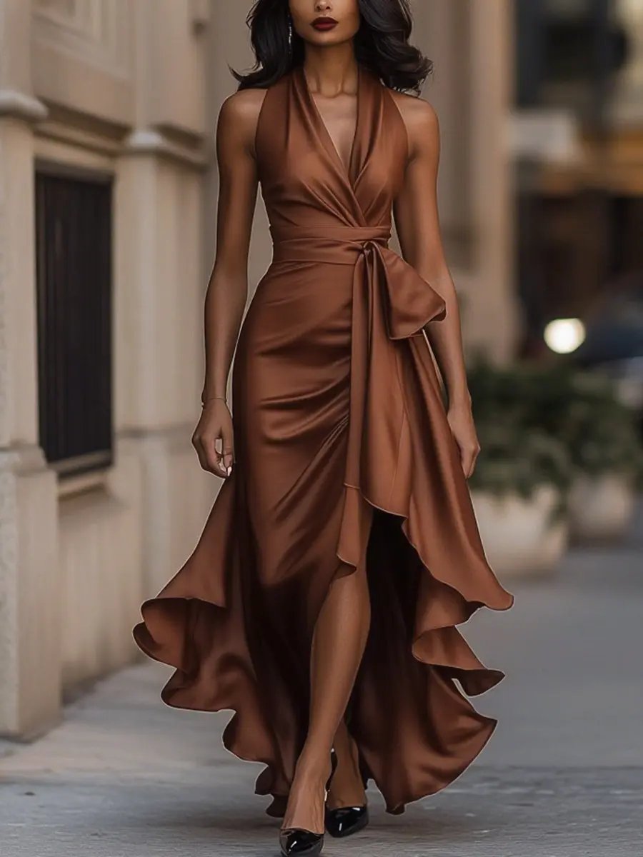 Modern women's halter neck cocktail dress, a stylish backless maxi gown for elegant events.