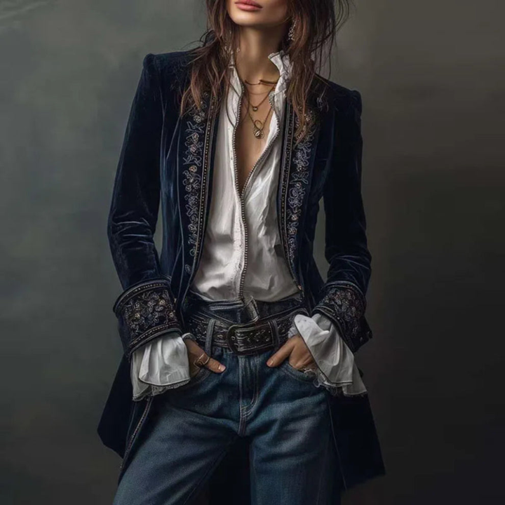 Stylish women's embroidered long blazer jacket, a vintage-style statement piece with intricate floral patterns.