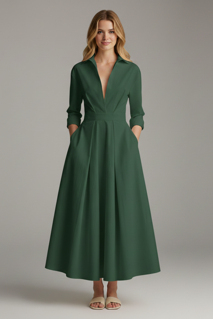 Women's long sleeve midi dress, button front, defined waist. Flared skirt for an elegant, versatile daywear look.